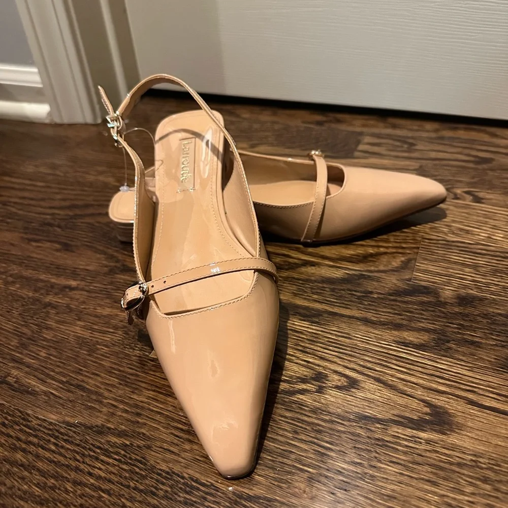 Larroudé Women's Ines Buckled Slingback Flats Nude Patent Leather - Picture 2 of 4